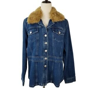 Carolina Blues Denim Jean Jacket Removeable Faux Fur Collar Vintage Size LG
